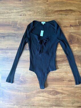 aerie Black Ribbed Long Sleeve Tie-Front Bodysuit